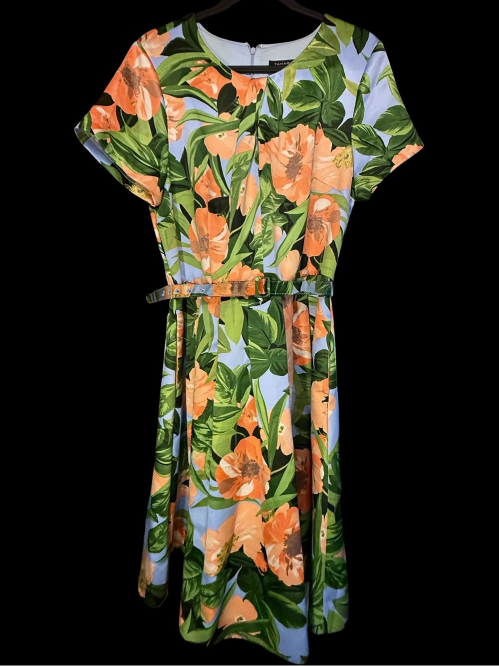 Tahari ASL Tropical Floral Belted Pleated Short-Sleeve Dress Peach Magnolia NWT
